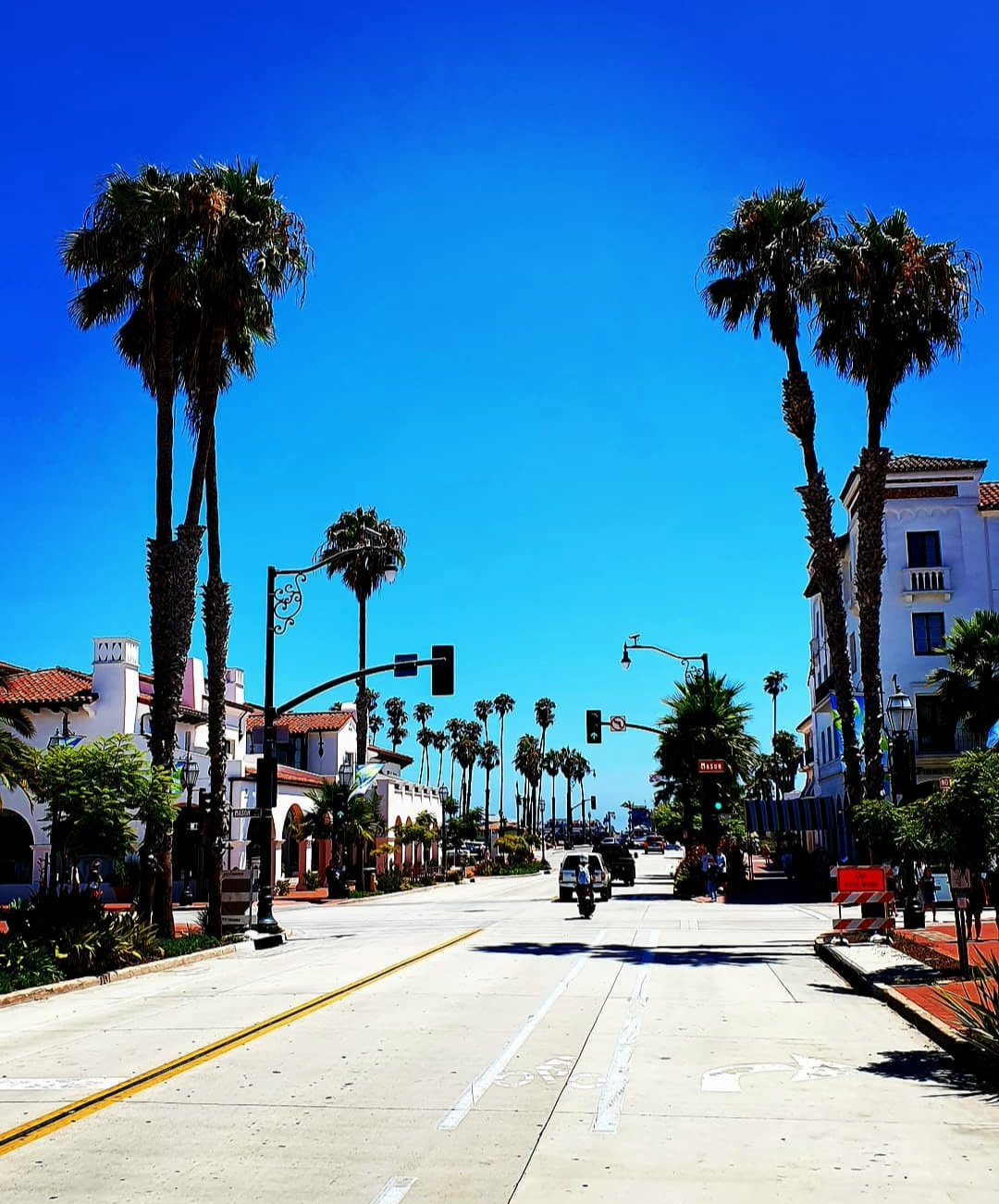 Palm-lined street with white buildings and red tiled roofs beneath a clear blue sky