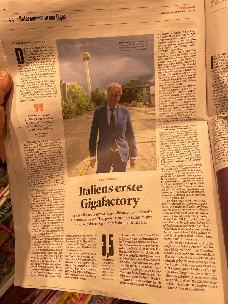 Photograph of a Handelsblatt newspaper feature about Lars Carlstrom and Italvolt