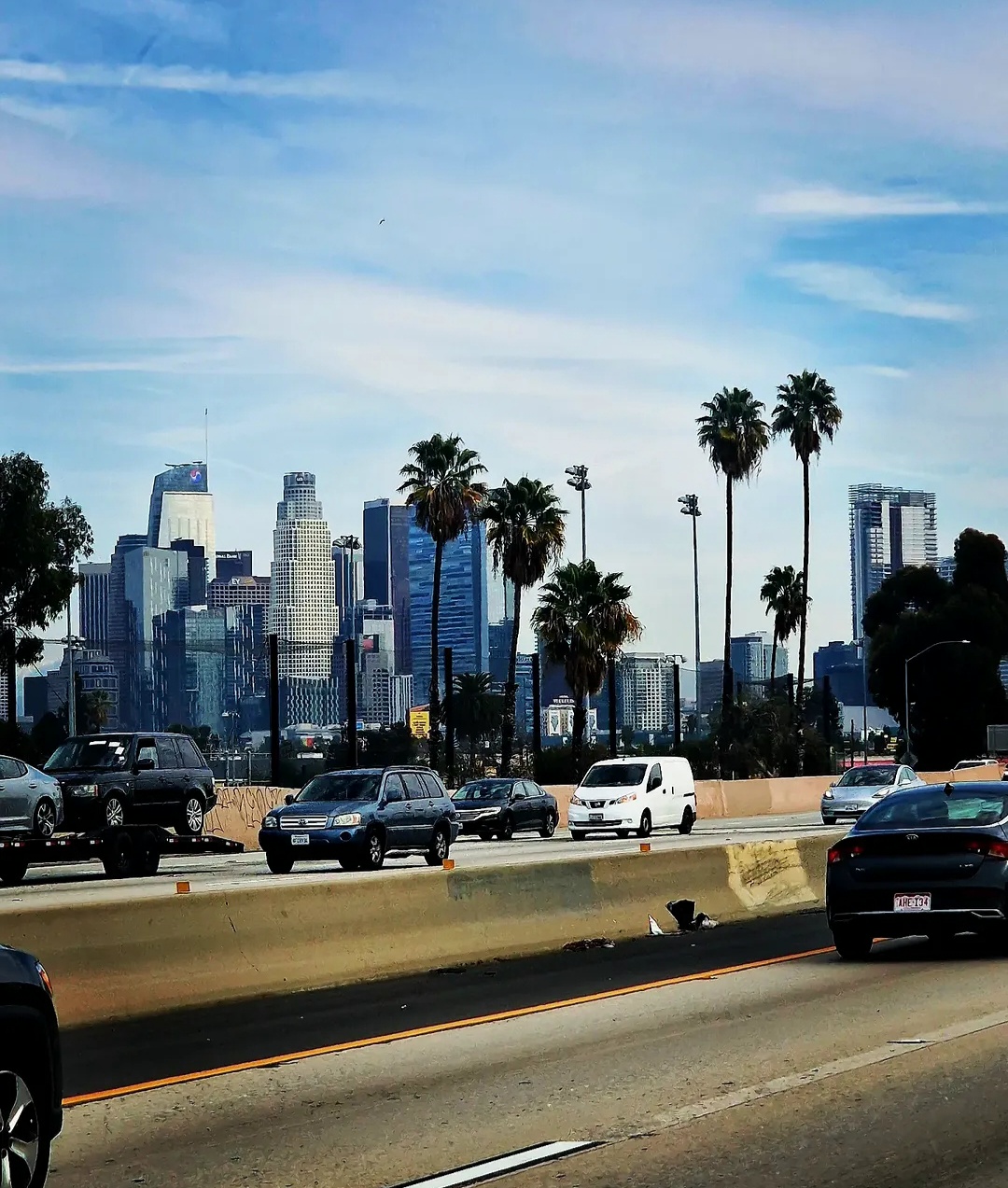 Los Angeles skyline and palm trees seen from a freeway