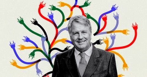 Black-and-white portrait of Lars Carlstrom with illustrated colourful electrical cables