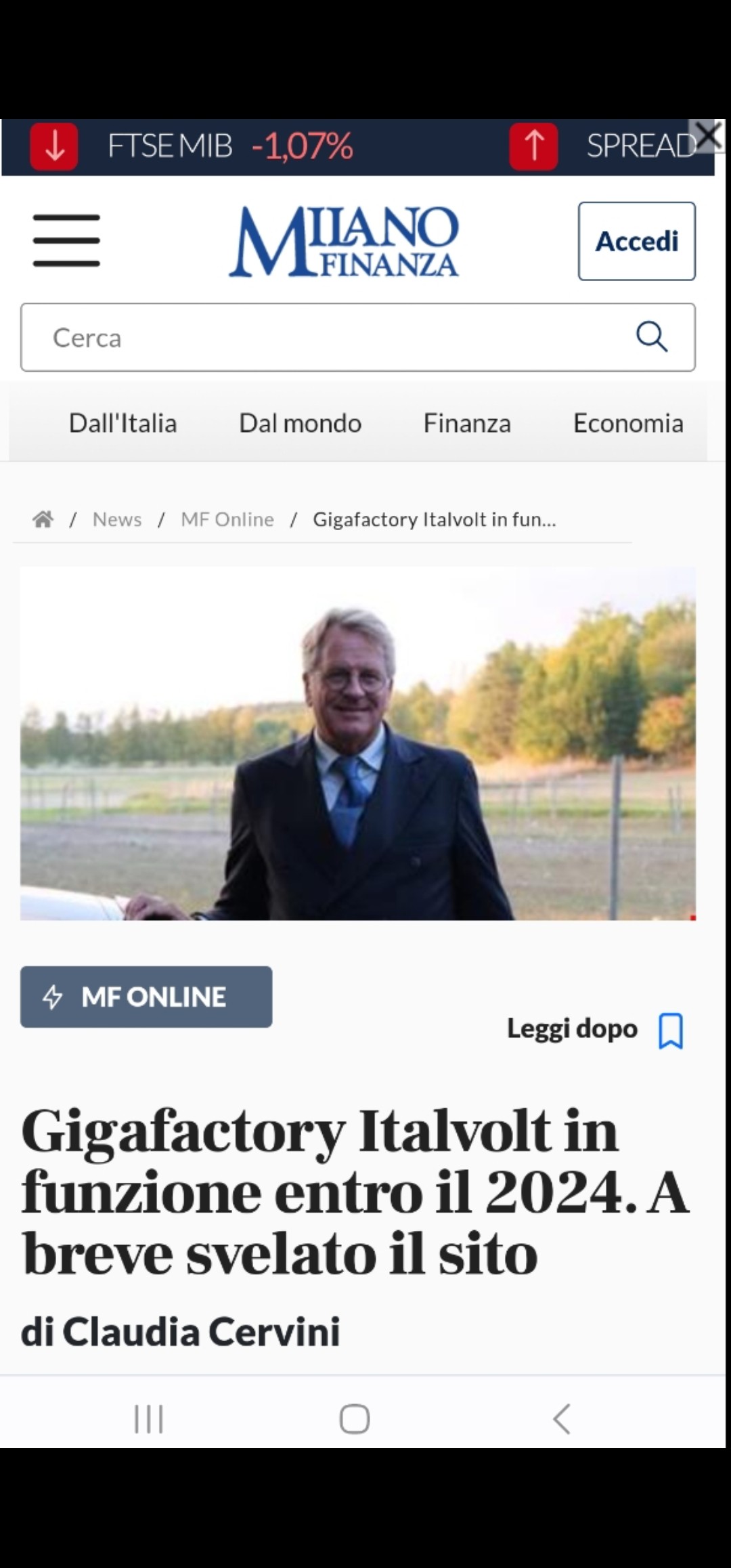Screenshot of Milano Finanza’s Italvolt article by Claudia Cervini