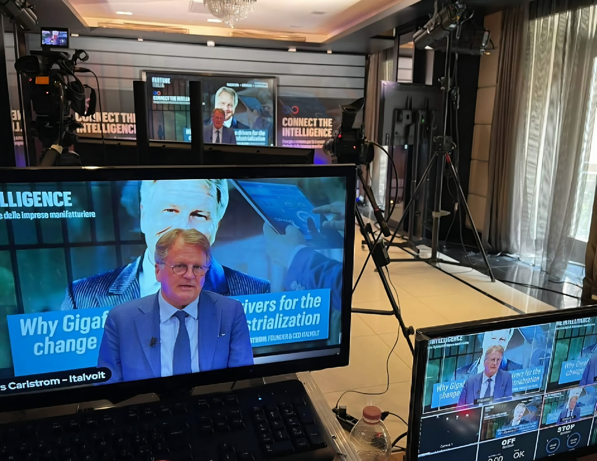 Studio cameras and monitors showing Lars Carlstrom in an Italvolt interview