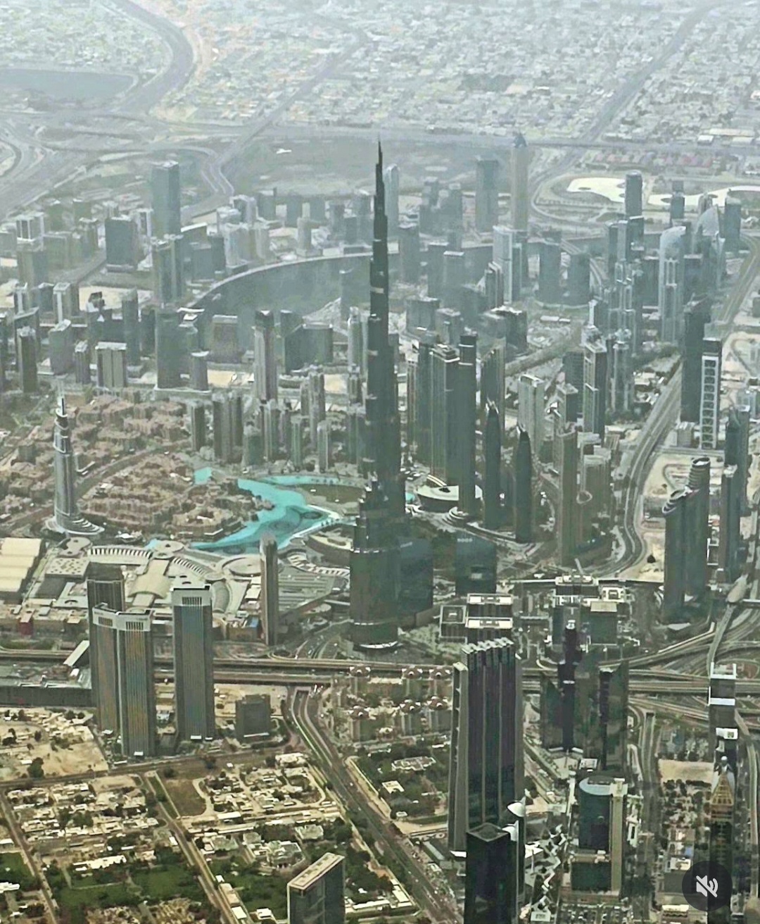 Aerial view of Burj Khalifa and the surrounding Dubai cityscape