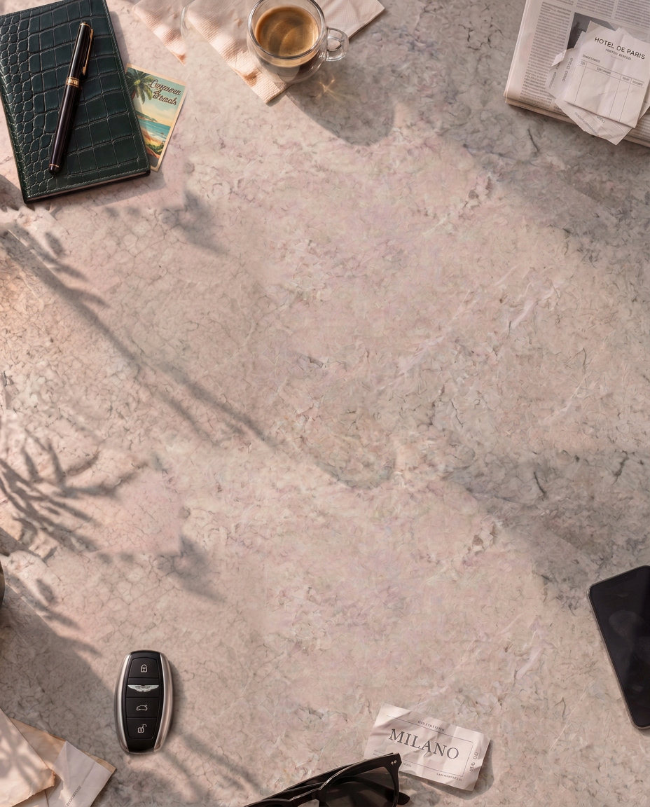 One continuous stone table with a dark green croco leather notebook, a Waterman pen, one Aston Martin key, an iPhone, coffee and travel receipts around its edges